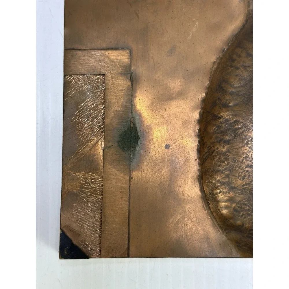 Vintage Hand Hammered Copper Wall Art Embossed Abstract Artwork Wood Base